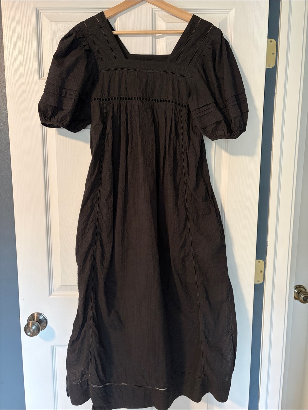 Loeffler Randall Black Puff-Sleeve Square Neck Midi Dress